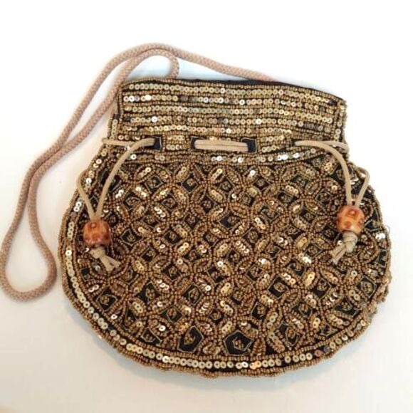 Potli Pouch Drawstring Lined Bag Purse Satchel Sequins Black Gold - Picture 1 of 9